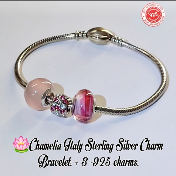 💯% AUTHENTIC CHAMELLIA ITALY 925 CHARM BRACELET W/ 3 CRYSTAL CHARMS. - Picture 1 of 12